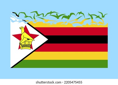 Zimbabwe flag with freedom concept, independent country idea, Zimbabwe flag transforming into flying birds vector, sovereignty metaphor, flat design