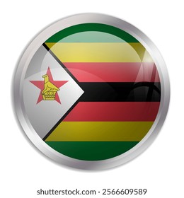 Zimbabwe flag - glossy circle button displays a colorful flag representing a country cultural identity and heritage. The essence of national pride and unity.