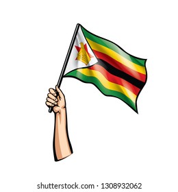 Zimbabwe flag and hand on white background. Vector illustration