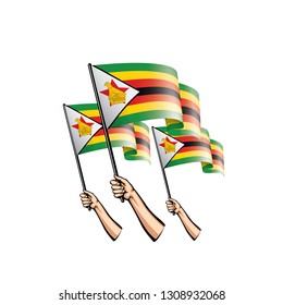Zimbabwe flag and hand on white background. Vector illustration