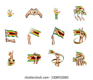 Zimbabwe flag and hand on white background. Vector illustration
