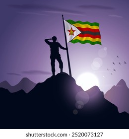 Bandera de Zimbabue izada en la cima de una montaña con una puesta de sol púrpura al fondo, Ilustración vectorial