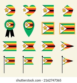 Zimbabwe flag icon set in 16 shape versions. Collection of Zimbabwe flag icons with square, circle, heart, triangle, medal, stamp and location shapes.