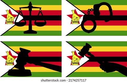 Zimbabwe flag with justice vector silhouette, judge gavel hammer and scales of justice and handcuff silhouette on country flag, Zimbabwe law concept, design asset, freedom idea
