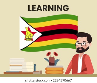 Zimbabwe flag with a male teacher, learning or teaching Zimbabwe language, bearded man with glasses and country flag vector design, language school concept