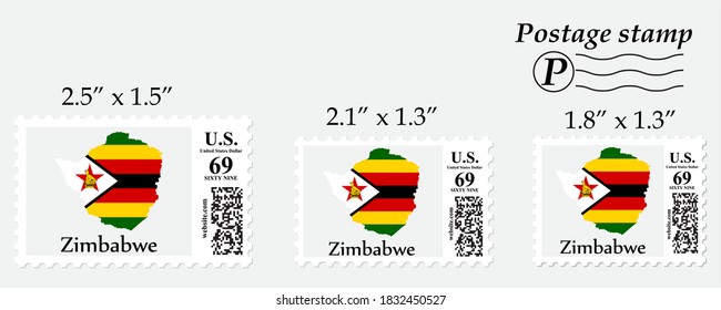 Mapa de la bandera de Zimbabue en el sello postal de diferente tamaño.