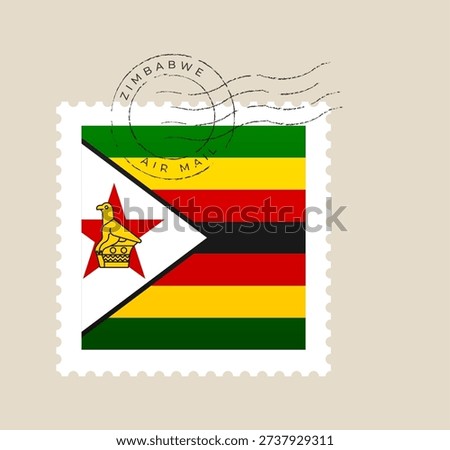 Zimbabwe flag postage stamp with a vintage postmark cancellation for international mail and travel-themed vector designs..