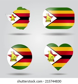 Zimbabwe flag set in map, oval, circular and heart shape. 