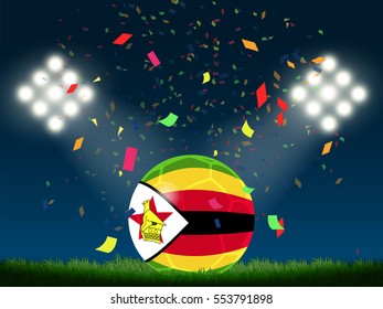 Zimbabwe flag in soccer ball with confetti in stadium to celebrate for football match in night time with spot light backdrop, This design for sport template, banner in vector illustration