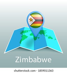 Mapa del mundo de la bandera de Zimbabue en pin con el nombre del país