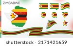 Zimbabwe flags set. Various designs. Map and capital city. World flags. Vector set. Circle icon. Template for independence day. Collection of national symbols. Ribbon with colors of the flag. Africa