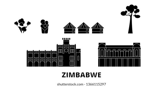 Zimbabwe flat travel skyline set. Zimbabwe black city vector illustration, symbol, travel sights, landmarks.