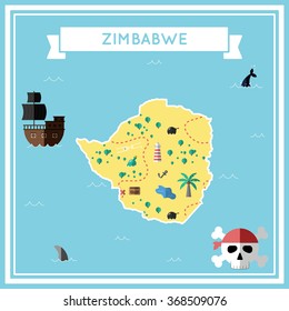 Zimbabwe flat treasure map. Colorful cartoon treasure map of Zimbabwe with flat icons of pirate ship, jolly roger, treasure chest and banner ribbon. Flat design vector illustration.