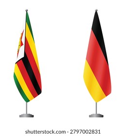 Zimbabwe and Germany flags on flagpoles for official ceremonies and meetings, transparent background vector