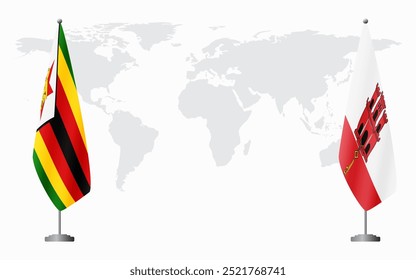 Banderas de Zimbabue y Gibraltar para reunión oficial con el fondo del mapa mundial.