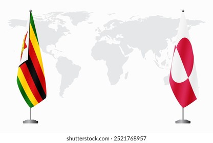 Banderas de Zimbabue y Groenlandia para reunión oficial en el contexto del mapa mundial.