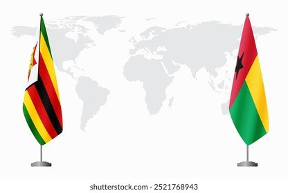 Bandeiras do Zimbábue e da Guiné-Bissau para reunião oficial frente ao mapa do mundo.
