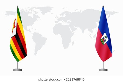 Zimbabwe and Haiti flags for official meeting against background of world map.