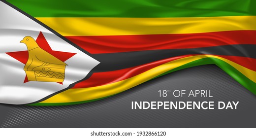 Zimbabwe happy independence day greeting card, banner with template text vector illustration. Zimbabwean memorial holiday 18th of April design element with 3D flag with bird