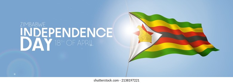 Zimbabwe happy independence day greeting card, banner with template text vector illustration. Zimbabwean memorial holiday 18th of April design element with 3D flag with bird