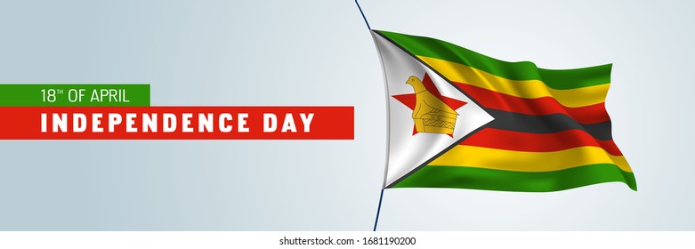 Zimbabwe happy independence day vector banner, greeting card. Zimbabwean wavy flag mockup and text for 18th of April national holiday