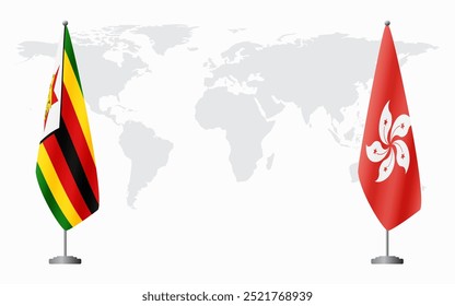 Banderas de Zimbabue y Hong Kong para reunión oficial con el fondo del mapa mundial.