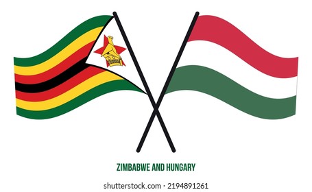 Zimbabwe and Hungary Flags Crossed And Waving Flat Style. Official Proportion. Correct Colors.