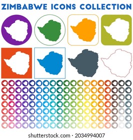 Zimbabwe icons collection. Bright colorful trendy map icons. Modern Zimbabwe badge with country map. Vector illustration.