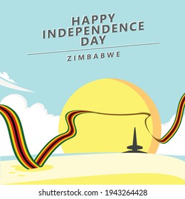 Zimbabwe independence day greeting card with long wavy flag, national heroes monument, and sunny day scenery. African national day vector illustration. 