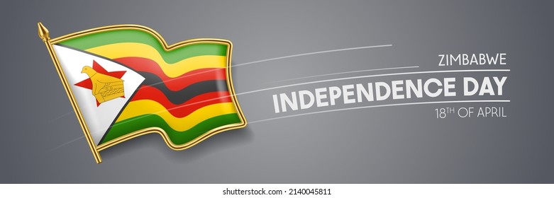 Zimbabwe independence day vector banner, greeting card. Zimbabwean wavy flag in 18th of April patriotic holiday horizontal design with realistic badge