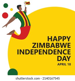 Zimbabwe independence day vector illustration with a man jumping and holding the national flag. African country public holiday social media post.