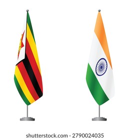 Zimbabwe and India flags on flagpoles for official ceremonies and meetings, transparent background vector