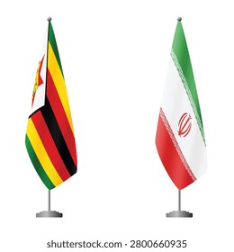 Zimbabwe and Iran flags on flagpoles for official ceremonies and meetings, transparent background vector