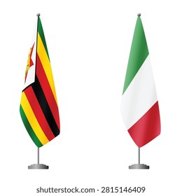 Zimbabwe and Italy flags on flagpoles for official ceremonies and meetings, transparent background vector