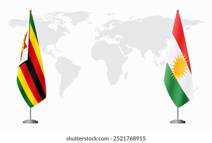 Zimbabwe and Kurdistan flags for official meeting against background of world map.