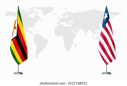 Banderas de Zimbabue y Liberia para reunión oficial en el contexto del mapa mundial.