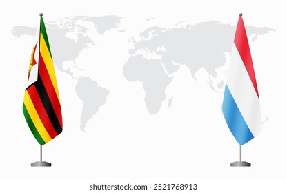 Zimbabwe and Luxembourg flags for official meeting against background of world map.