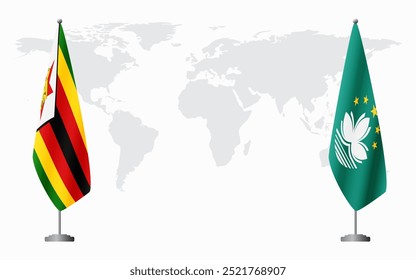 Banderas de Zimbabue y Macao para reunión oficial en el contexto del mapa mundial.