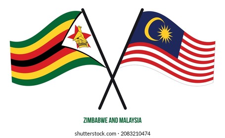 Zimbabwe and Malaysia Flags Crossed And Waving Flat Style. Official Proportion. Correct Colors.