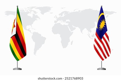 Banderas de Zimbabue y Malasia para reunión oficial en el contexto del mapa mundial.