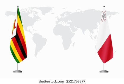 Banderas de Zimbabue y Malta para reunión oficial en el contexto del mapa mundial.