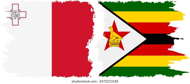 Zimbabwe and Malta grunge flags connection, vector