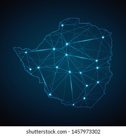 Zimbabwe Map - Abstract geometric mesh polygonal network line, structure and point scales on dark background with lights in the form of cities. Vector illustration eps 10.