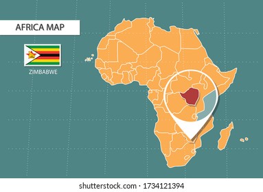 El mapa de Zimbabue en la versión zoom de África, iconos que muestran la ubicación y banderas de Zimbabue.