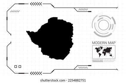 Mapa de Zimbabue del marco digital negro HUD, GUI, interfaz de interfaz de usuario vector de radar.