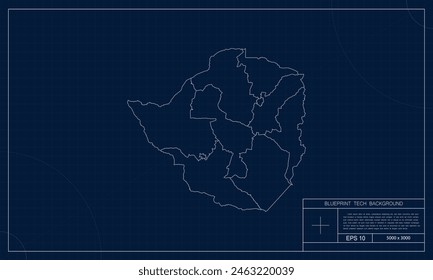 Zimbabwe Map with Blueprint Tech Style Background.