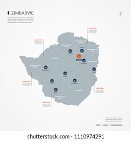 Zimbabwe map with borders, cities, capital Harare and administrative divisions. Infographic vector map. Editable layers clearly labeled.