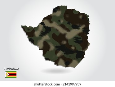 Mapa de Zimbabue con patrón de camuflaje, Bosque - textura verde en el mapa. Concepto militar para el ejército, los soldados y la guerra. escudo de armas, bandera.