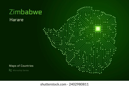 Simbabwische Karte mit einer Hauptstadt von Harare Shown in einem Mikrochip Muster mit Prozessor. E-Government. Weltländer-Vektorkarten. Mikrochip-Reihe	
