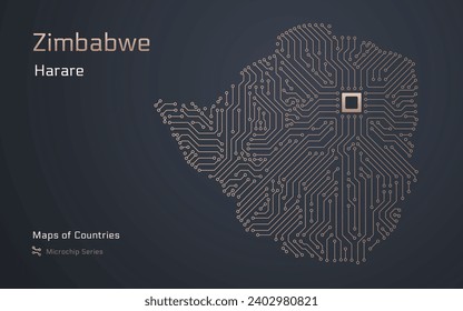 Simbabwische Karte mit einer Hauptstadt von Harare Shown in einem Mikrochip Muster mit Prozessor. E-Government. Weltländer-Vektorkarten. Mikrochip-Reihe	
